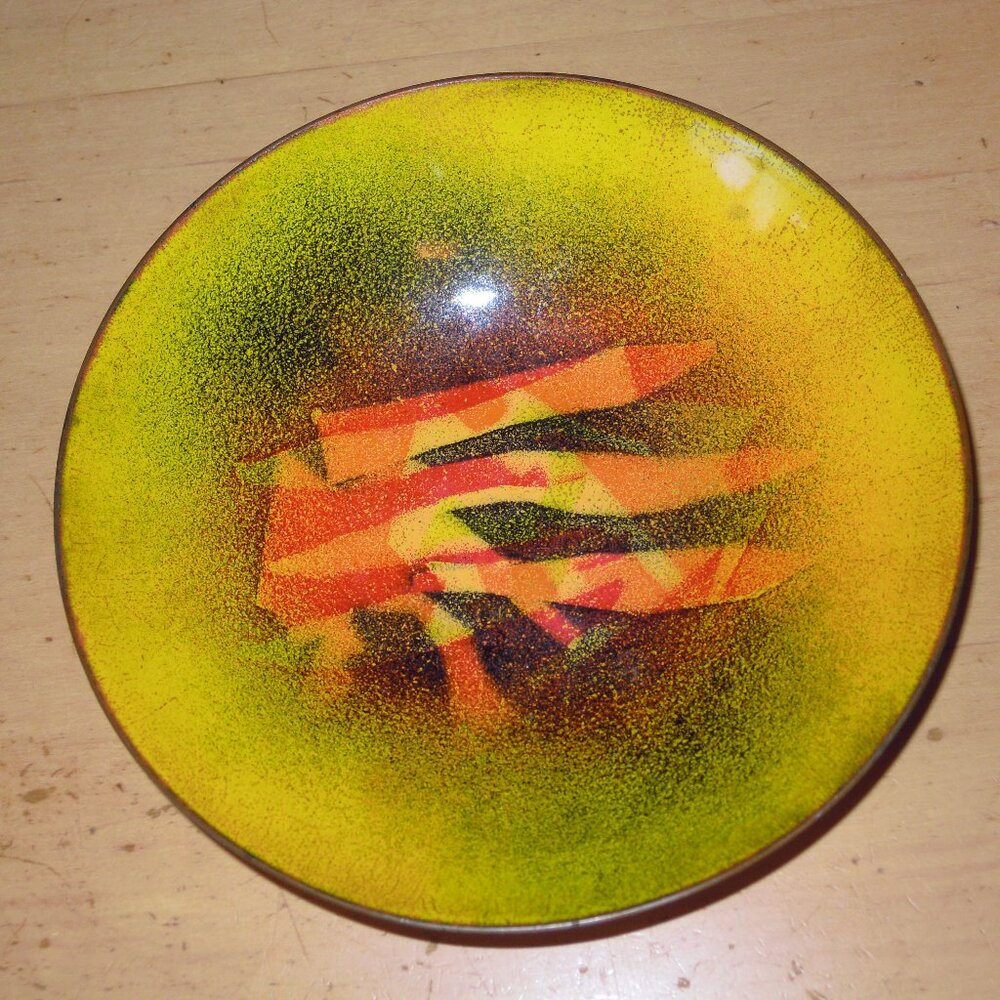 Mid Century Vintage MCM Enamel on Copper Bowl Dish Orange Yellow Abstract 6"